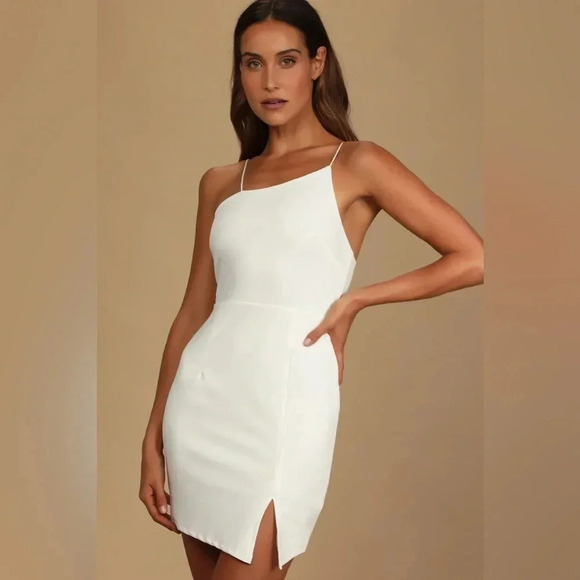 NWT Lulus Party for Two Ivory / White Asymmetrical Bodycon Mini Dress size XS - Picture 2 of 15